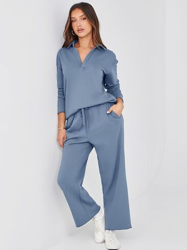 Glamaker Lounge Travel 2 Piece Sets Women Casual Airport Fall Outfit V Neck Long Sleeve Tracksuit Wide Leg Sweatsuit in Kuwait