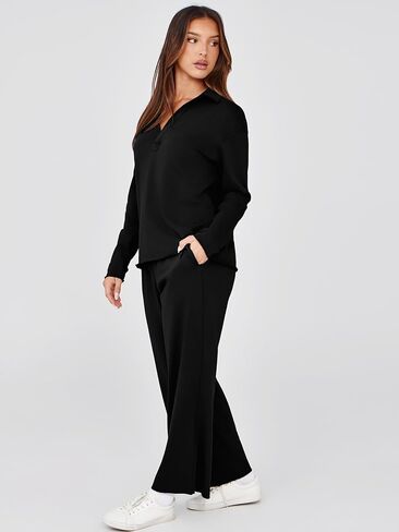 Glamaker Lounge Travel 2 Piece Sets Women Casual Airport Fall Outfit V Neck Long Sleeve Tracksuit Wide Leg Sweatsuit in Kuwait