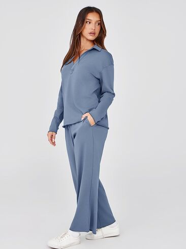 Glamaker Lounge Travel 2 Piece Sets Women Casual Airport Fall Outfit V Neck Long Sleeve Tracksuit Wide Leg Sweatsuit in Kuwait