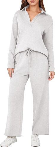 Glamaker Lounge Travel 2 Piece Sets Women Casual Airport Fall Outfit V Neck Long Sleeve Tracksuit Wide Leg Sweatsuit in Kuwait