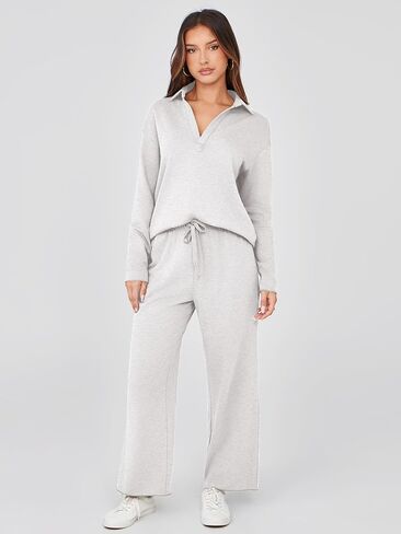Glamaker Lounge Travel 2 Piece Sets Women Casual Airport Fall Outfit V Neck Long Sleeve Tracksuit Wide Leg Sweatsuit in Kuwait