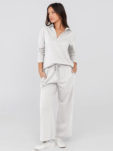 Glamaker Lounge Travel 2 Piece Sets Women Casual Airport Fall Outfit V Neck Long Sleeve Tracksuit Wide Leg Sweatsuit in Kuwait