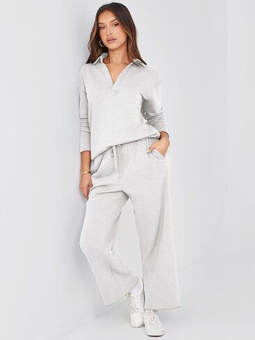 Glamaker Lounge Travel 2 Piece Sets Women Casual Airport Fall Outfit V Neck Long Sleeve Tracksuit Wide Leg Sweatsuit in Kuwait