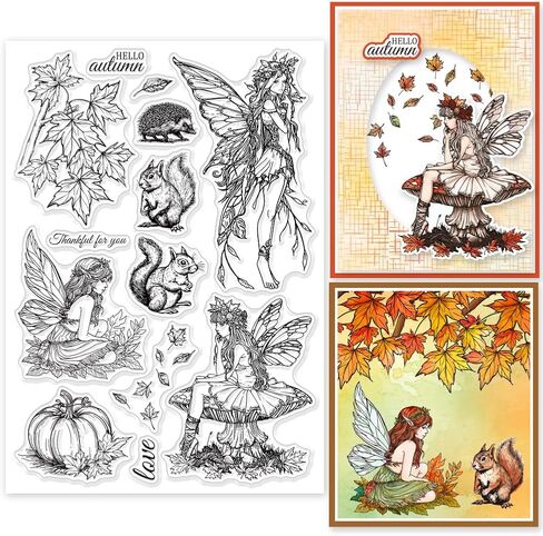GLOBLELAND Autumn Fairy Clear Stamps Autumn Maple Squirrel Pumpkin Clear Stamps Butterfly Fairy Silicone Stamps for DIY Scrapbooking Photo Album Decorative Cards Making Home Decoration 8.27x5.83inch in Saudi Arabia