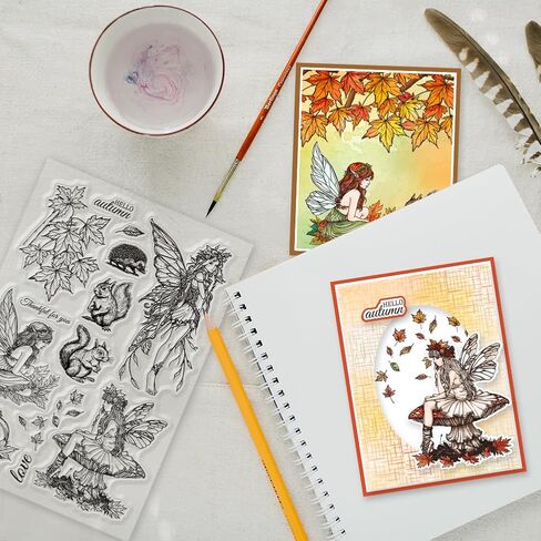 GLOBLELAND Autumn Fairy Clear Stamps Autumn Maple Squirrel Pumpkin Clear Stamps Butterfly Fairy Silicone Stamps for DIY Scrapbooking Photo Album Decorative Cards Making Home Decoration 8.27x5.83inch in Saudi Arabia
