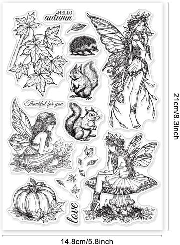GLOBLELAND Autumn Fairy Clear Stamps Autumn Maple Squirrel Pumpkin Clear Stamps Butterfly Fairy Silicone Stamps for DIY Scrapbooking Photo Album Decorative Cards Making Home Decoration 8.27x5.83inch in Saudi Arabia