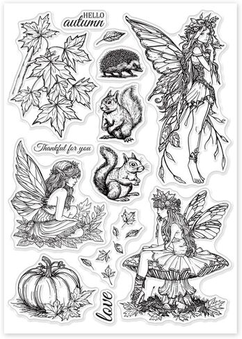 GLOBLELAND Autumn Fairy Clear Stamps Autumn Maple Squirrel Pumpkin Clear Stamps Butterfly Fairy Silicone Stamps for DIY Scrapbooking Photo Album Decorative Cards Making Home Decoration 8.27x5.83inch in Saudi Arabia