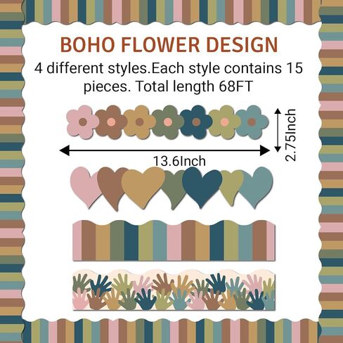 68 Ft Boho Bulletin Board Borders Retro Groovy Classroom Decorations Rainbow Boho Polk Dot Trims for Cottage Pastel Pop Dasiy Flower Smile Face Preppy Hippe Disco Checkered Classroom Decor(Boho Dot) in Saudi Arabia
