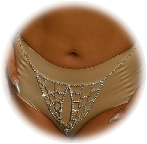 Rhinestone Waist Chain Panties Thongs Crystal Thong Chain Bikini Belly Chain Festival Rave Rhinestone Body Chain Bling G String Body Jewelry for Women in Saudi Arabia
