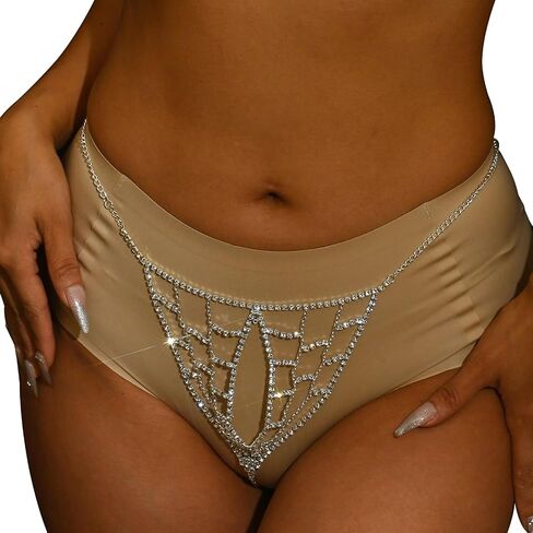 Rhinestone Waist Chain Panties Thongs Crystal Thong Chain Bikini Belly Chain Festival Rave Rhinestone Body Chain Bling G String Body Jewelry for Women in Saudi Arabia