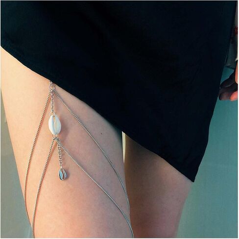 Bohemia Layered Shell Leg Chain Thigh Chain Silver Thigh Chain Vintage Seashell Thigh Chain Body Chain Beach Shell Pendant Body Chain Leg Chain Jewelry for Women and Girls (Silver) in Saudi Arabia