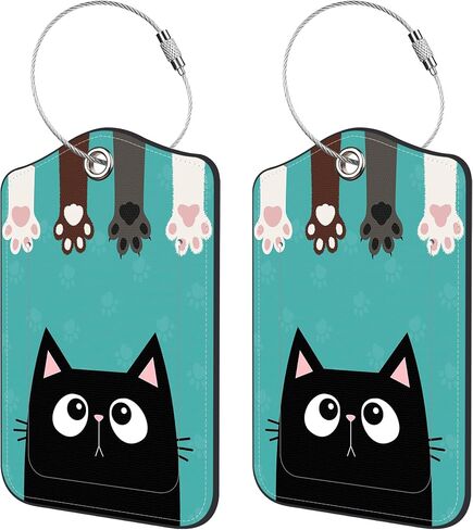 2 Pack PU Leather Luggage Tag for Suitcase Cute Cat and Paw Suitcase Tags with Privacy Name ID Label and Stainless Steel Loop for Travel Bag Suitcase in Kuwait