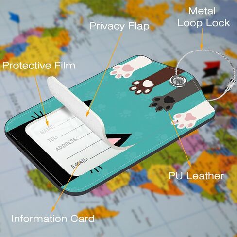 2 Pack PU Leather Luggage Tag for Suitcase Cute Cat and Paw Suitcase Tags with Privacy Name ID Label and Stainless Steel Loop for Travel Bag Suitcase in Kuwait