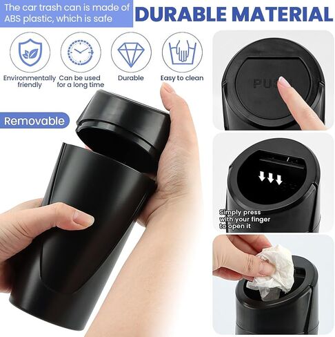 EMVANV Car Trash Can Bin with Lid, 2 pcs Car Trash Can, Black Mini Leakproof Vehicle Trash Garbage Can Bin with 4rolls x Garbage Bag, Car Organizers and Storage for Front Back Seat(Black,Size:2pcs) in Kuwait