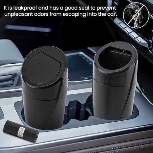 EMVANV Car Trash Can Bin with Lid, 2 pcs Car Trash Can, Black Mini Leakproof Vehicle Trash Garbage Can Bin with 4rolls x Garbage Bag, Car Organizers and Storage for Front Back Seat(Black,Size:2pcs) in Kuwait