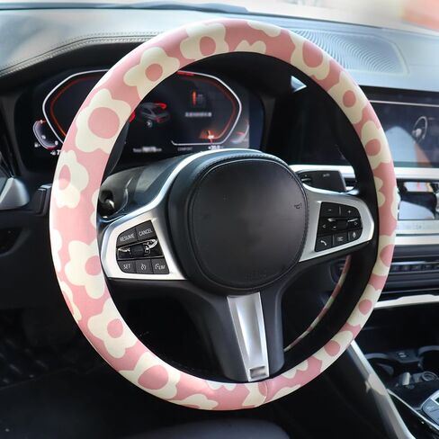 Vintage Floral Retro Flowers Steering Wheel Cover with Rubber Inner Ring - Fits 14.5-15 inch Steering Wheels, Ideal for Women and Girls (Pink) in Saudi Arabia