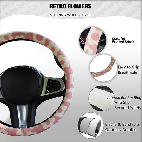 Vintage Floral Retro Flowers Steering Wheel Cover with Rubber Inner Ring - Fits 14.5-15 inch Steering Wheels, Ideal for Women and Girls (Pink) in Saudi Arabia