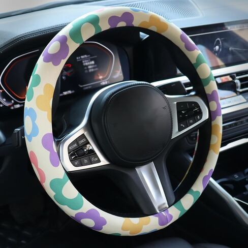 Vintage Floral Retro Flowers Steering Wheel Cover with Rubber Inner Ring - Fits 14.5-15 inch Steering Wheels, Ideal for Women and Girls (Pink) in Saudi Arabia
