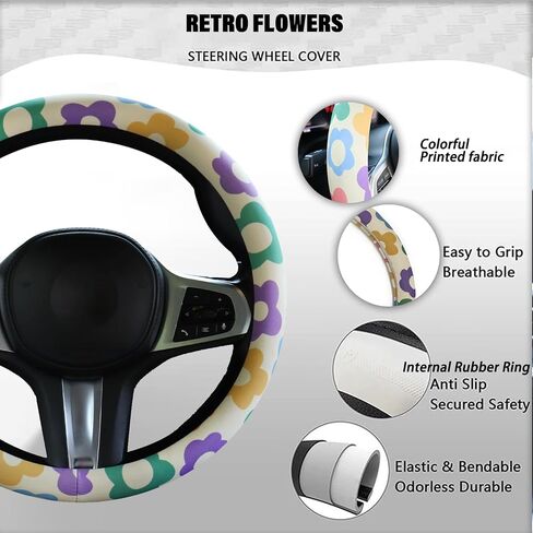 Vintage Floral Retro Flowers Steering Wheel Cover with Rubber Inner Ring - Fits 14.5-15 inch Steering Wheels, Ideal for Women and Girls (Pink) in Saudi Arabia