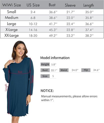 WiWi Women's Long-sleeved Nightdress Nightgowns for Women Crew Neck Sleepwear-Viscose from Bamboo S-XXL in Saudi Arabia