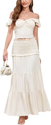 HTZMO Women's Two Piece Skirt Set Off Shoulder Crop Top Casual Flowy Maxi Long Dress for 2024 Summer Beach Outfits in Saudi Arabia
