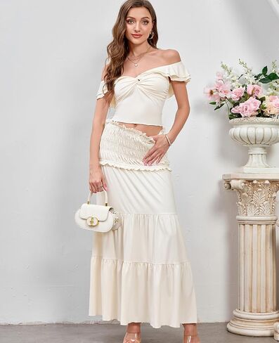 HTZMO Women's Two Piece Skirt Set Off Shoulder Crop Top Casual Flowy Maxi Long Dress for 2024 Summer Beach Outfits in Saudi Arabia