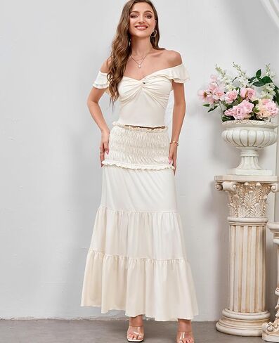 HTZMO Women's Two Piece Skirt Set Off Shoulder Crop Top Casual Flowy Maxi Long Dress for 2024 Summer Beach Outfits in Saudi Arabia