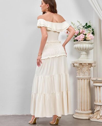 HTZMO Women's Two Piece Skirt Set Off Shoulder Crop Top Casual Flowy Maxi Long Dress for 2024 Summer Beach Outfits in Saudi Arabia