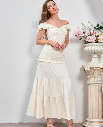 HTZMO Women's Two Piece Skirt Set Off Shoulder Crop Top Casual Flowy Maxi Long Dress for 2024 Summer Beach Outfits in Saudi Arabia