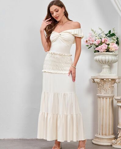 HTZMO Women's Two Piece Skirt Set Off Shoulder Crop Top Casual Flowy Maxi Long Dress for 2024 Summer Beach Outfits in Saudi Arabia