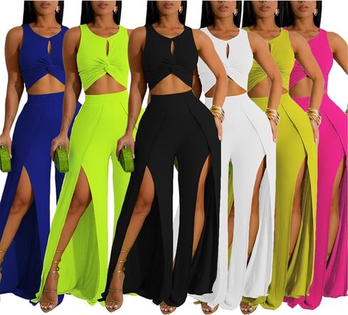 Ekaliy Women's 2 Piece Outfit Sexy Crop Tank Top and High Split Wide Leg Pants Sets Elegant Going Out Suit in Kuwait