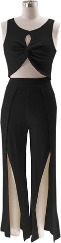 Ekaliy Women's 2 Piece Outfit Sexy Crop Tank Top and High Split Wide Leg Pants Sets Elegant Going Out Suit in Kuwait