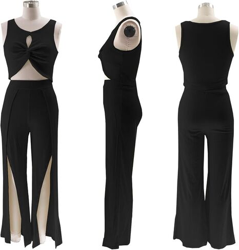 Ekaliy Women's 2 Piece Outfit Sexy Crop Tank Top and High Split Wide Leg Pants Sets Elegant Going Out Suit in Kuwait