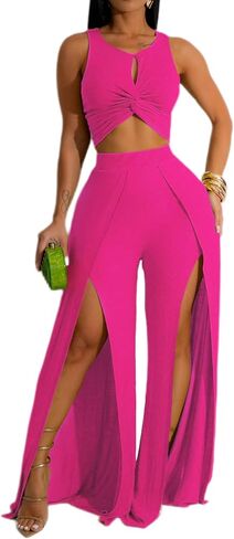 Ekaliy Women's 2 Piece Outfit Sexy Crop Tank Top and High Split Wide Leg Pants Sets Elegant Going Out Suit in Kuwait