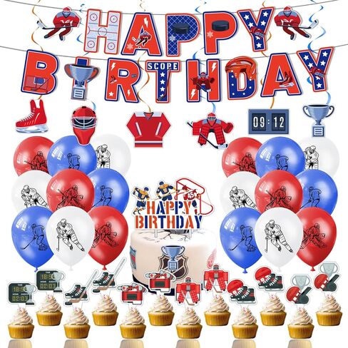 زينة حفلات أعياد الميلاد من الهوكي، تتضمن لوازم حفلات هوكي الجليد لافتة عيد ميلاد، ودوامات معلقة، وأغطية الكب كيك، وغطاء الكعكة، وبالونات للأطفال بطابع الهوكي الرياضي in Kuwait