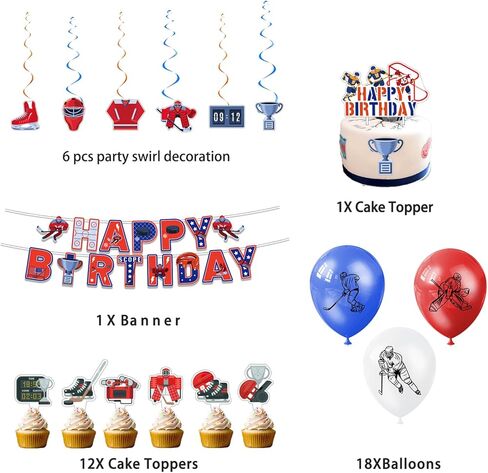 زينة حفلات أعياد الميلاد من الهوكي، تتضمن لوازم حفلات هوكي الجليد لافتة عيد ميلاد، ودوامات معلقة، وأغطية الكب كيك، وغطاء الكعكة، وبالونات للأطفال بطابع الهوكي الرياضي in Kuwait