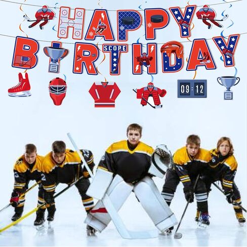 زينة حفلات أعياد الميلاد من الهوكي، تتضمن لوازم حفلات هوكي الجليد لافتة عيد ميلاد، ودوامات معلقة، وأغطية الكب كيك، وغطاء الكعكة، وبالونات للأطفال بطابع الهوكي الرياضي in Kuwait