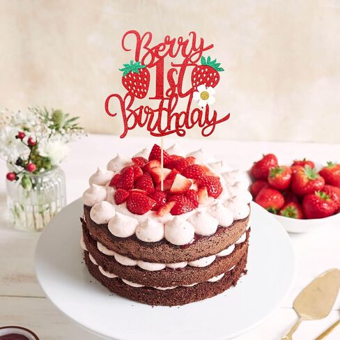 قطعة واحدة من أعلى كعكة عيد الميلاد الأول مع زهرة لامعة، قطعة واحدة من كعكة الفراولة لعيد الميلاد الأول لتزيين كعكة الفراولة بموضوع الفراولة ومستلزمات تزيين الكيك لحفلات أعياد الميلاد in Saudi Arabia