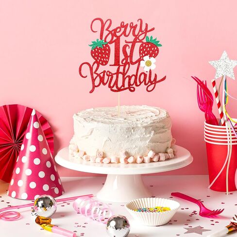 قطعة واحدة من أعلى كعكة عيد الميلاد الأول مع زهرة لامعة، قطعة واحدة من كعكة الفراولة لعيد الميلاد الأول لتزيين كعكة الفراولة بموضوع الفراولة ومستلزمات تزيين الكيك لحفلات أعياد الميلاد in Saudi Arabia
