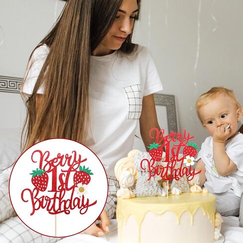 قطعة واحدة من أعلى كعكة عيد الميلاد الأول مع زهرة لامعة، قطعة واحدة من كعكة الفراولة لعيد الميلاد الأول لتزيين كعكة الفراولة بموضوع الفراولة ومستلزمات تزيين الكيك لحفلات أعياد الميلاد in Saudi Arabia
