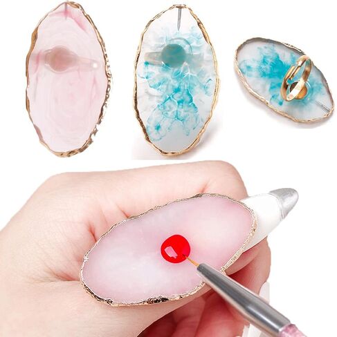 2 Pcs Resin Stone Ring Color Mixing Palette with Adjustable Finger Rings, Eyelash Extension Ring Glue Rings False Nail Tips Drawing Nail Color Palette Nail Art Equipment(Pink & White) in Kuwait
