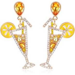 Fun Cocktail Earrings for Women Dangle Rhinestone Shining Crystal Lemon Drinking Champagne Martini Margarita Statement Earrings Post Earrings for Party Summer Beach Vacation Jewelry Gift for Her