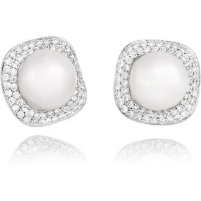 Pearl Earrings Studs 925 Sterling Silver 9MM Cultured Freshwater Pearl Cubic Zirconia Button Stud Earrings