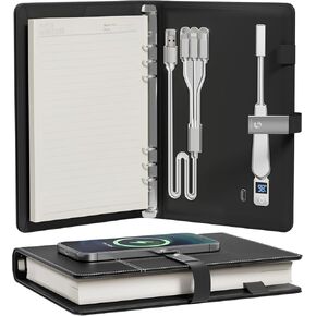 Hardcover Leather Notebook for Work,A5 journaling notebooks with 8000mah Power bank,Hardcover Journal Set with Book light&15W wireless charging,Journal Notebook for Women Men School Office.160 Pages