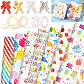 Tidponra Birthday Wrapping Paper Sheets Set, 14 Sheets Folded Flat Gift Wrapping Paper with Ribbon, Bows and Tape for Party, 19.7 in. X 27.5 in. Per Sheet