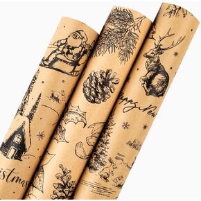 Retrify Christmas Wrapping Paper Roll, 3 Mini Rolls Red White Metallic Foil Shine Gift Packing Paper, Santa Claus/Snowflakes/Reindeer/HO Design - 17 Inch x 120 Inch Per Roll