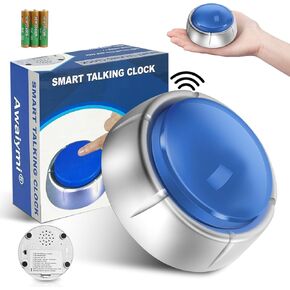Talking Button Clock, Talking Alarm Clock for Blind, Talking Clock Volume Control, Announcing Time, Date and Week of Day, Gift Clock for The Blind, Elderly or Visually Impaired (Silver&Blue)