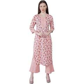 Orchid Bloom Solid Kurta with Printed Plazzo Suit Set for Women
