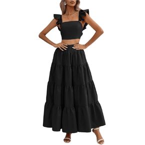 SHENHE Women's 2 Piece Ruffle Trim Square Neck Cami Top and Shirred Maxi Skirt Set