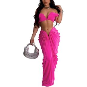 2 Piece Outfits for Women Summer Sexy Crop Tops Draped Ruched Dresses Maxi Skirt Sets Vacation Jumpsuits Outfits